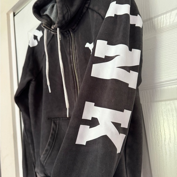Victorias Secret Pink Distressed Hoodie Black Zip Up Sweater Size Small Dog Logo - Picture 3 of 7